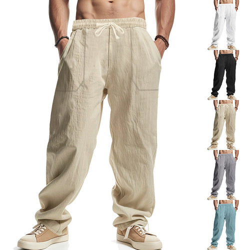 Herren nan lockere Leinenhose mit elastischem Bund, Tunnelzug und großen Eingrifftaschen