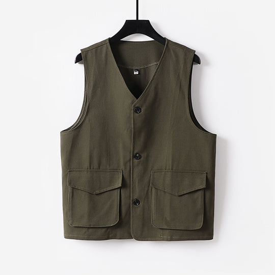 Herren Utility-Weste mit V-Ausschnitt, Knopfleiste und aufgesetzten Klappentaschen Shop Nory