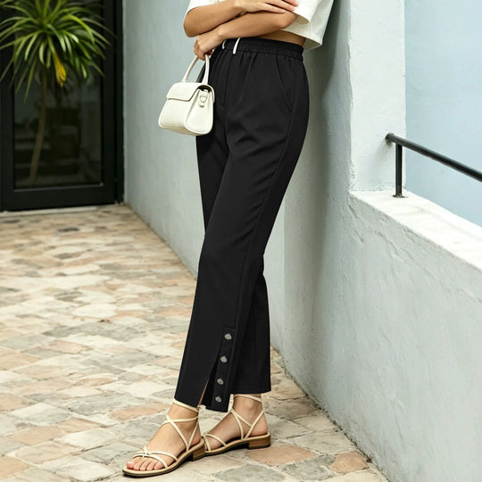 Damen Locker geschnittene High‑Waist Freizeithose mit Elastikbund und Zier‑Druckknopfleiste am Bein Shop Nory