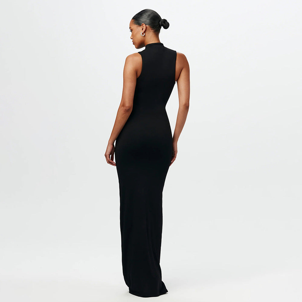 Damen Elegantes Maxikleid mit hochgeschlossenem Kragen und Drapierung Shopnory