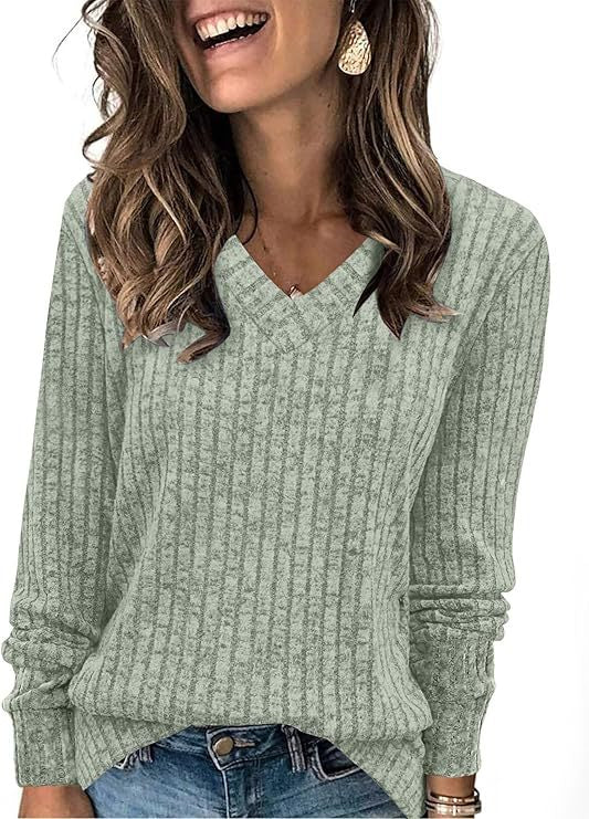 Damen Gerippter V‑Ausschnitt Feinstrickpullover mit lässiger Oversize-Passform Shop Nory