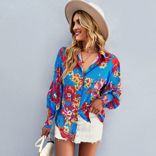 Damen nan lockere Hemdbluse mit floralem Alloverprint, Seidenoptik, smockärmeln und geknöpfter Vorderleiste Shop Nory