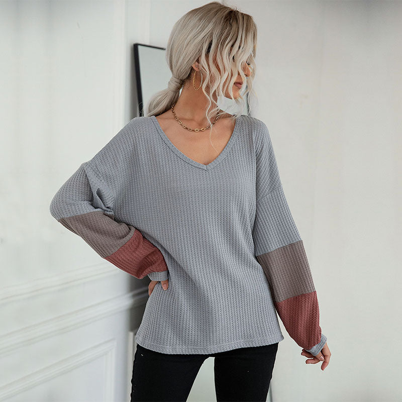 Damen Legeres Waffelstrick-Tunika-Shirt mit V‑Ausschnitt und Colorblock-Ärmeln Shop Nory