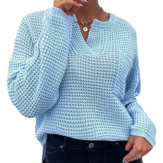 Damen Waffelstrick-Pullover mit V-Schlitz, oversized Schnitt und Ballonärmeln Shop Nory