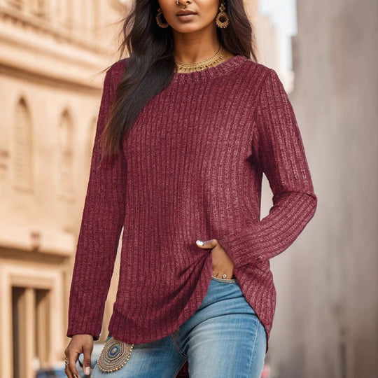 Damen Geripptes Feinstrick-Longsleeve mit Rundhalsausschnitt und asymmetrischem Saum Shop Nory