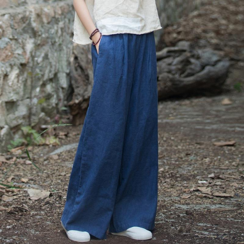 Damen weit geschnittene Leinenhose mit elastischem Bund und praktischen Taschen