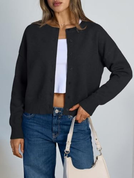 Damen Cropped Strickjacke im Boxy‑Schnitt mit Rundhals und Rippbündchen Shop Nory
