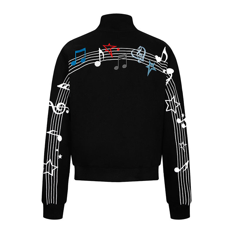 Damen Kurz geschnittene Stehkragen‑Sweatjacke mit Noten- und Stern-Stickerei Shop Nory