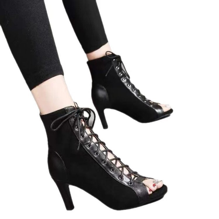Damen Offene-Zehen Schnürstiefelette mit Wildleder-Optik und Stiletto-Absatz Shop Nory