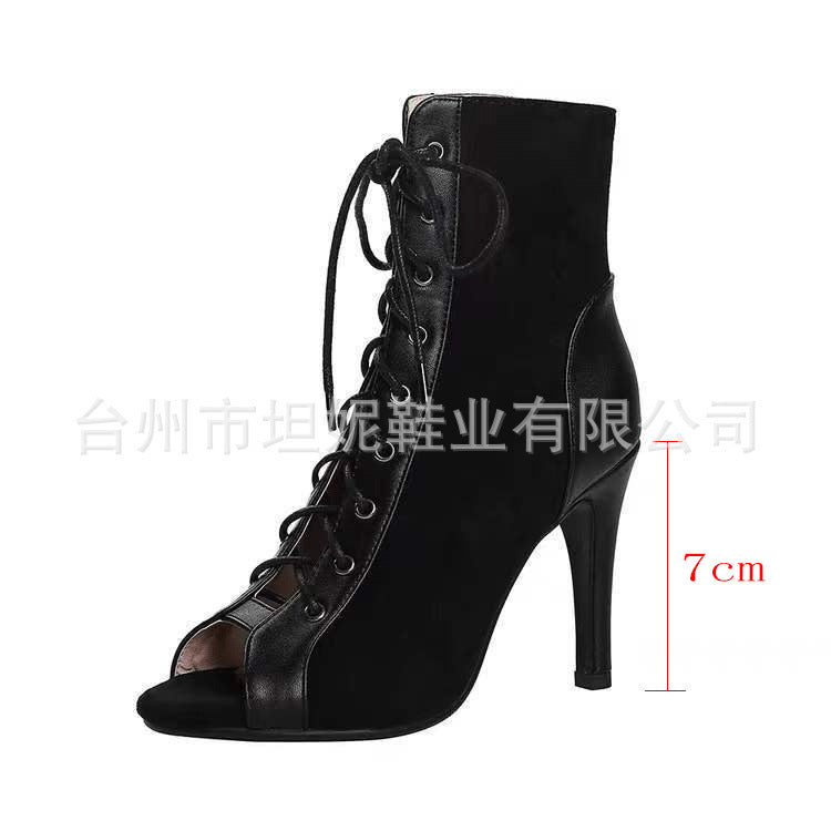Damen Offene-Zehen Schnürstiefelette mit Wildleder-Optik und Stiletto-Absatz Shop Nory