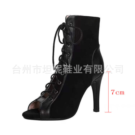 Damen Offene-Zehen Schnürstiefelette mit Wildleder-Optik und Stiletto-Absatz Shop Nory