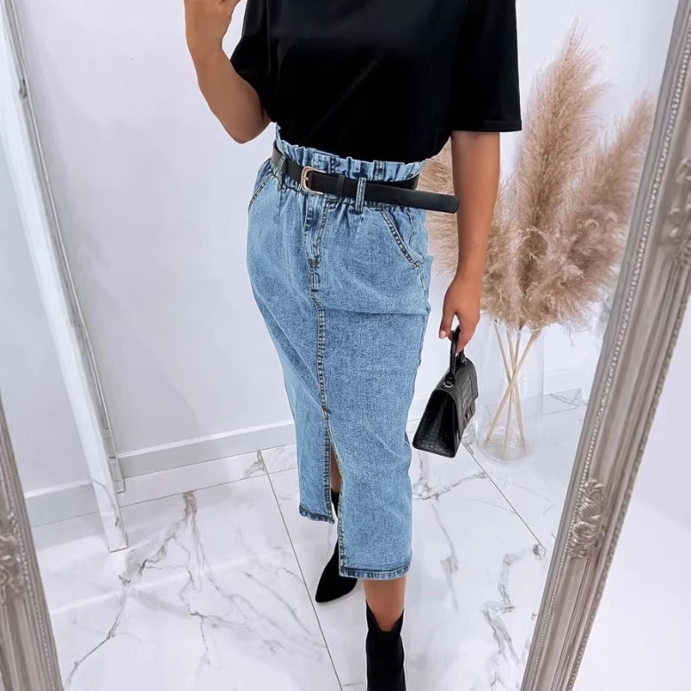 Damen Hochtaillierter Paperbag-Denim-Midirock mit Frontschlitz und Bindegürtel Shop Nory