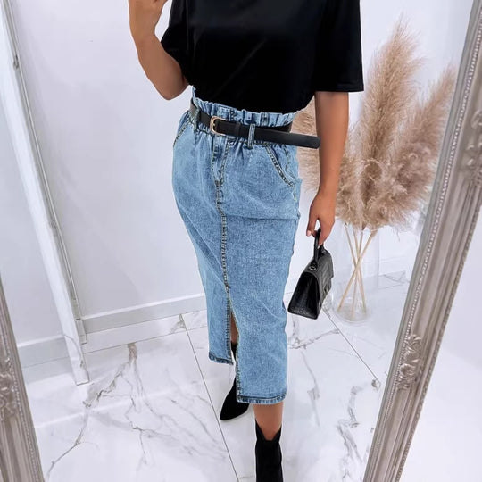 Damen Hochtaillierter Paperbag-Denim-Midirock mit Frontschlitz und Bindegürtel Shop Nory