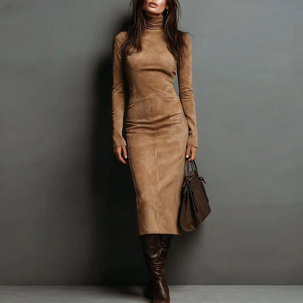 Damen Tailliertes Midi Kleid im Samt-Look mit Rollkragen und maßgeschneiderter Silhouette Shop Nory