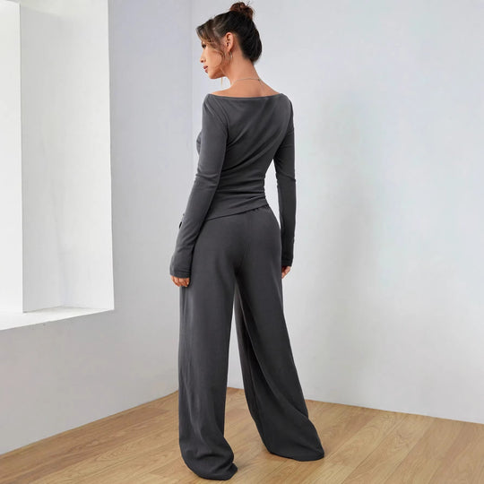 Damen Lässiges Two‑Piece Lounge‑Set mit U‑Boot‑Ausschnitt, taillierter Drapierung und weitem Palazzohose Shop Nory