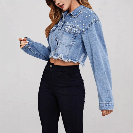 Damen kurze Jeansjacke mit Perlenbesatz, fransigem Saum und weit geschnittenen Ärmeln Shop Nory