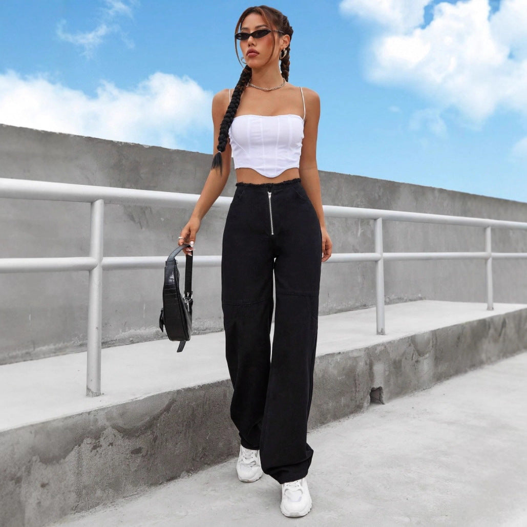 Damen Hochtaillierte Wide-Leg-Jeanshose mit sichtbarem Frontreißverschluss, Knie-Abnähern und rohem Bund Shop Nory