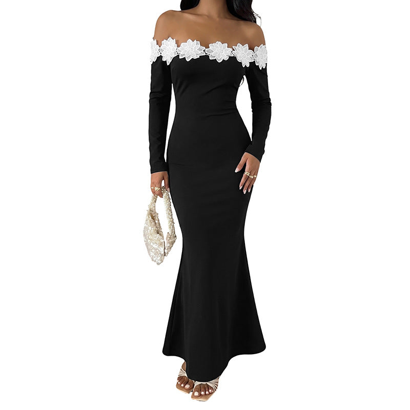 Damen Schulterfreies Maxikleid mit Carmen‑Ausschnitt, figurbetonter Silhouette und Spitzenblütenbesatz Shop Nory