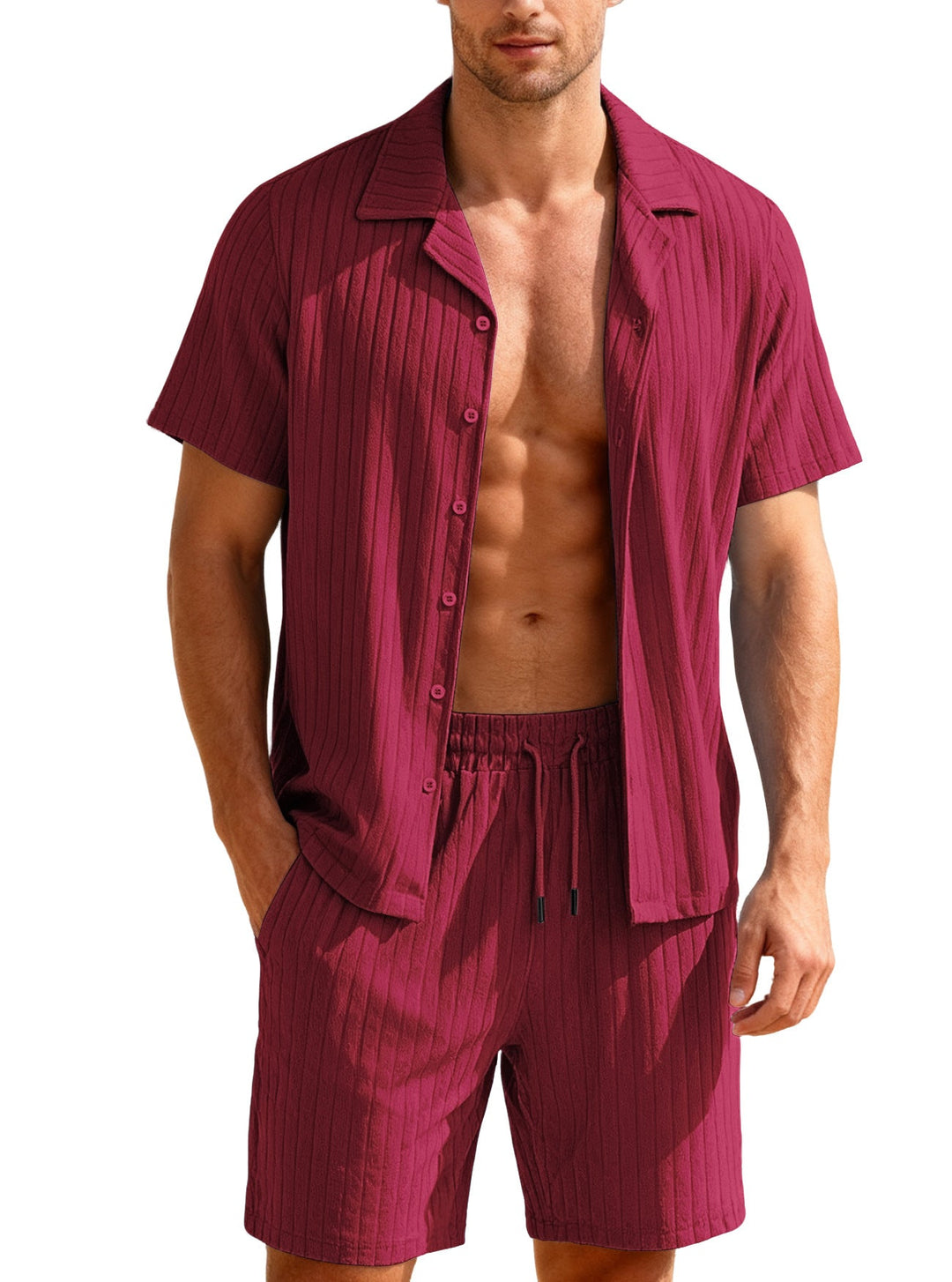 Herren nan geripptes Feinstrick-Lounge-Set mit kurzärmligem Revershemd und Kordelshorts