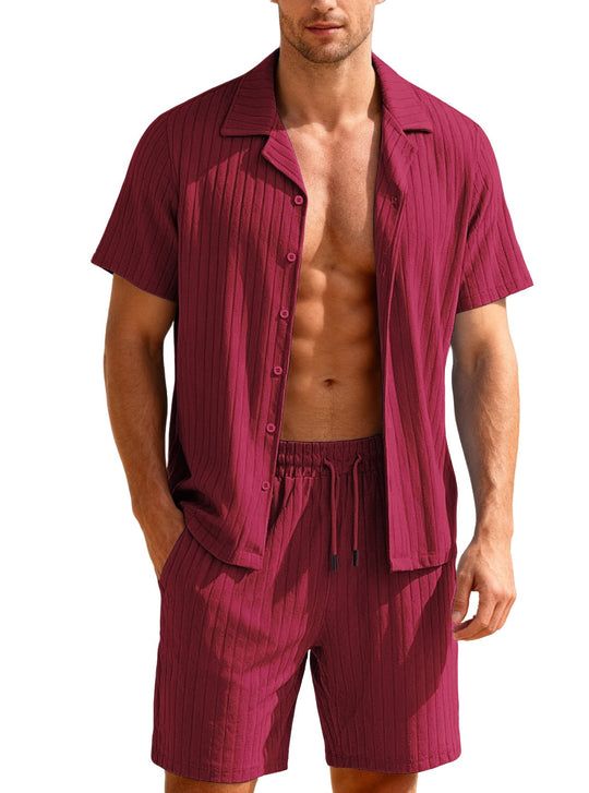 Herren nan geripptes Feinstrick-Lounge-Set mit kurzärmligem Revershemd und Kordelshorts