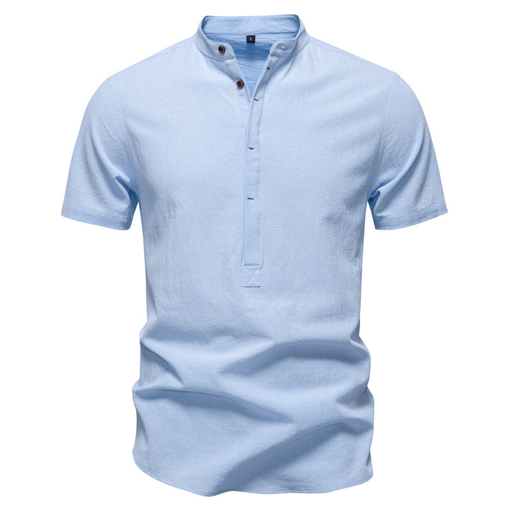Herren nan lässiges Kurzarmshirt mit Stehkragen, halber Knopfleiste und leicht strukturierter Baumwoll-Leinen-Qualität