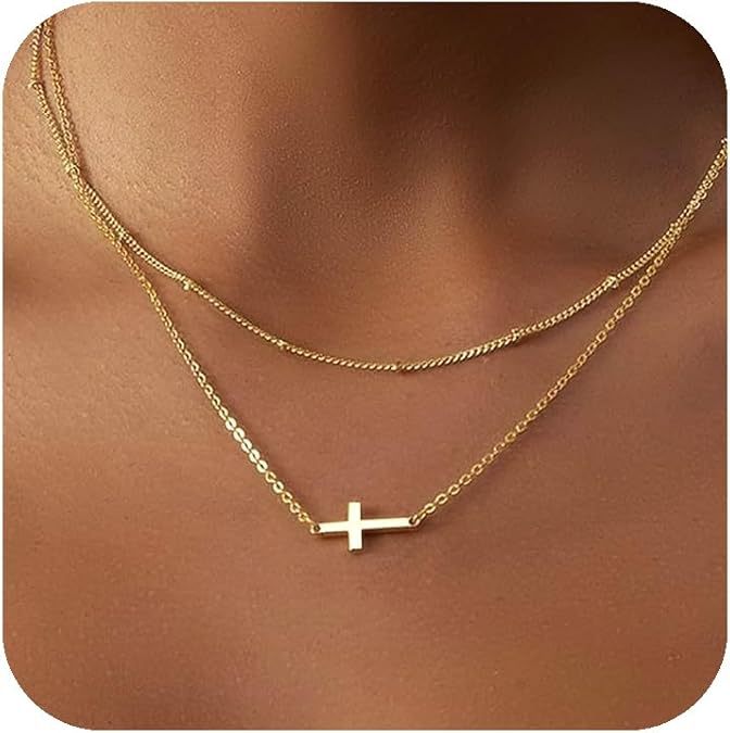Damen Halskette mit modernem Kreuzanhänger und doppellagigem Kettendesign Shop Nory