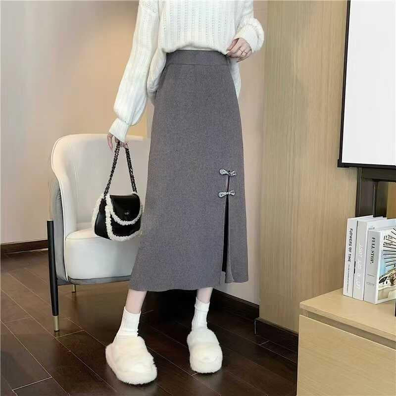 Damen Eleganter Strickrock mit Schlitz und Schleifendetails Shop Nory