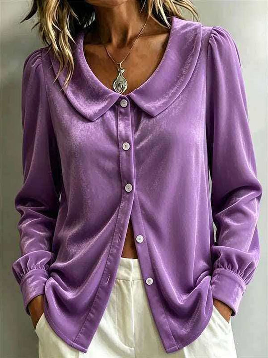 Damen Samt‑Hemdbluse mit Peter‑Pan‑Kragen und Perlmuttknopfleiste Shop Nory