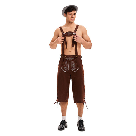 Herren nan knielange traditionelle Lederhose mit besticktem Brustlatz und verstellbaren Trägern Shop Nory
