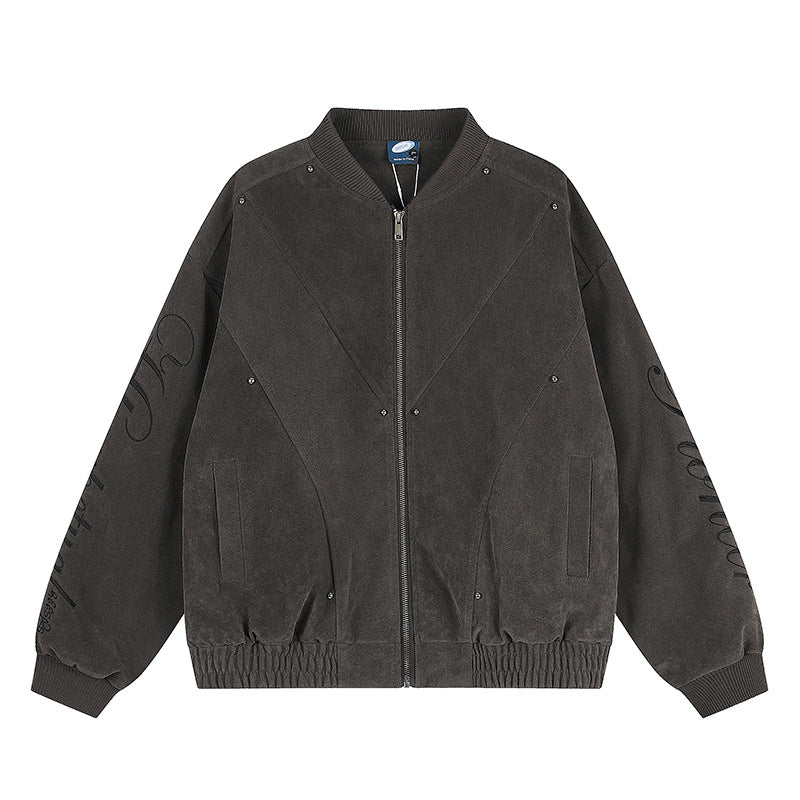 Damen Oversize-Bomberjacke im Velours-Look mit Script-Ärmeln und Metallnieten Shop Nory