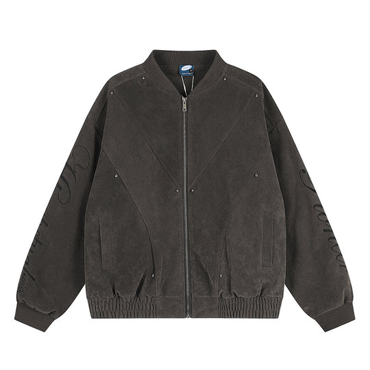Damen Oversize-Bomberjacke im Velours-Look mit Script-Ärmeln und Metallnieten Shop Nory