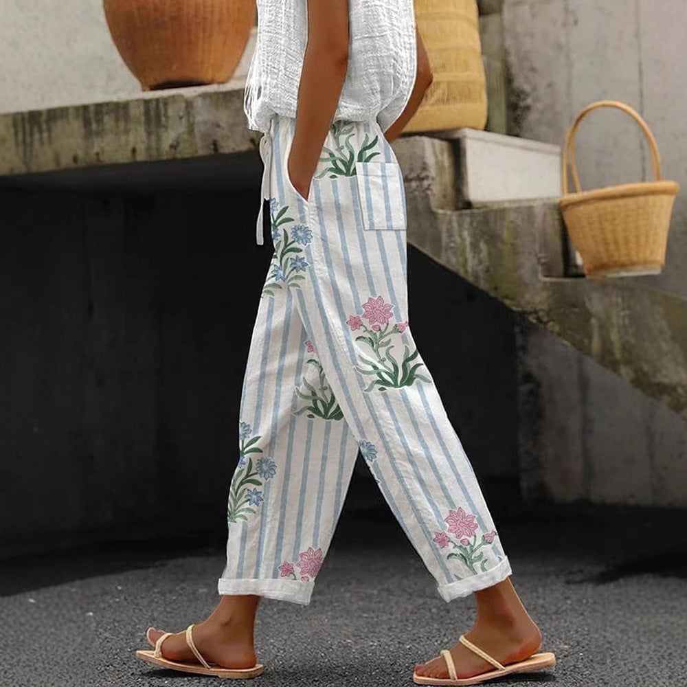 Damen Weite Leinenhose mit handgewShopnorytem Muster