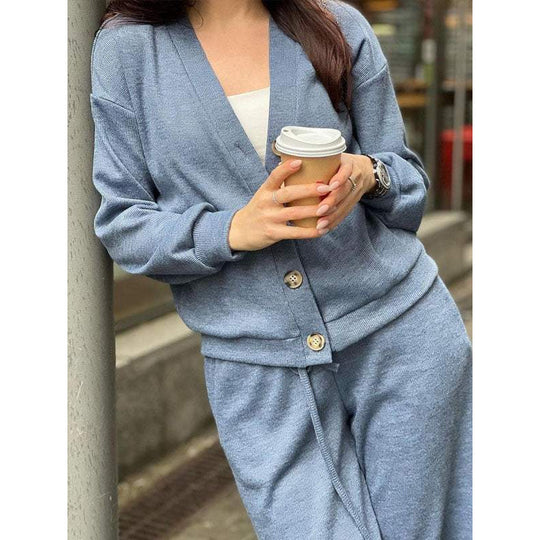 Damen Strick-Loungewear-Set mit V-Ausschnitt-Cardigan und weitem Kordelbund-Hose Shop Nory