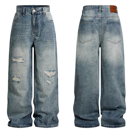 Damen Weite High‑Waist Denim-Palazzo-Jeans mit Destroyed-Details und Strassbesatz Shop Nory
