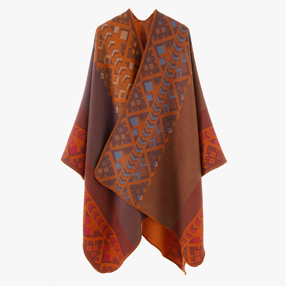 Damen Capeponcho im gewebten Ethno‑Jacquard aus Wollmix mit gezackter Saumkante Shop Nory