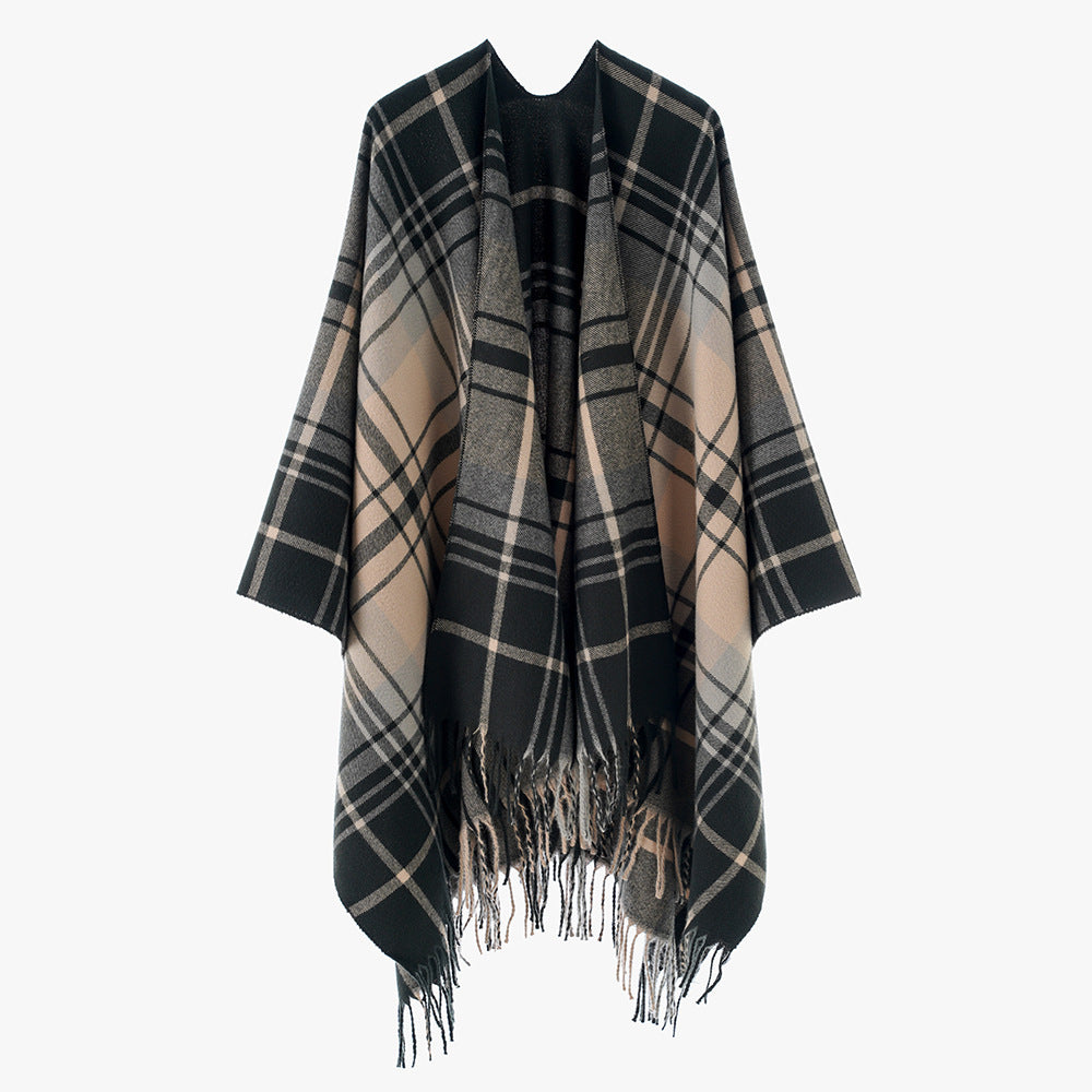 Damen Reiner Wolloptik-Überwurf im Tartan-Karo mit offener Front und Fransensaum Shop Nory