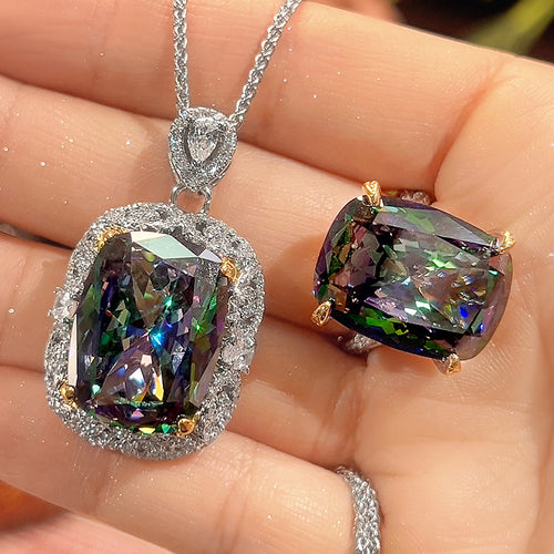Kissenförmiger Topas-Anhänger und Statement-Ring-Set mit cubic Zirconia-Halo und Sterling-Kette