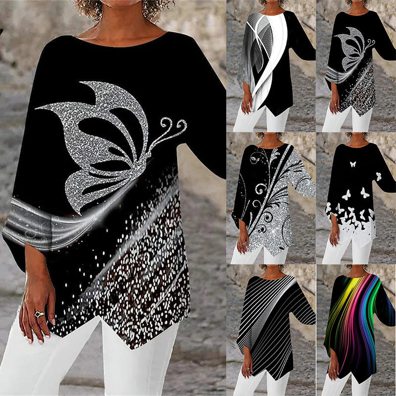 Damen asymmetrisches A-Linien-Tunika mit ornamentalem Druck und spitzem Saum Shop Nory