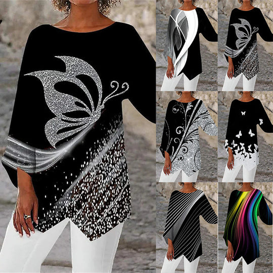 Damen asymmetrisches A-Linien-Tunika mit ornamentalem Druck und spitzem Saum Shop Nory