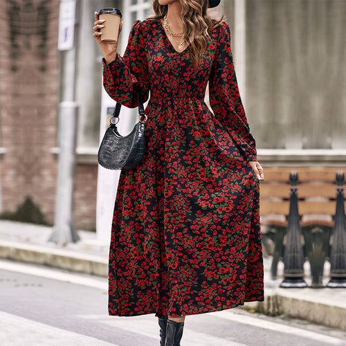 Damen Langes florales Maxikleid mit V-Ausschnitt, gerafftem Smokbund und fließendem A‑Linien‑Rock Shop Nory