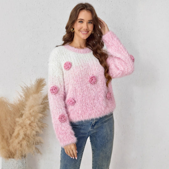 Damen Flausch-Pullover mit 3D-Blütenapplikationen Shop Nory