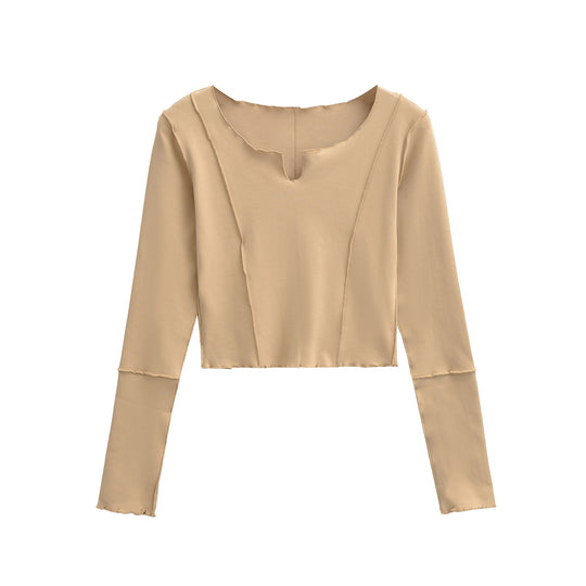 Damen Kurzes Langarmshirt mit sichtbaren Rollnähten und Notch-Ausschnitt Shop Nory