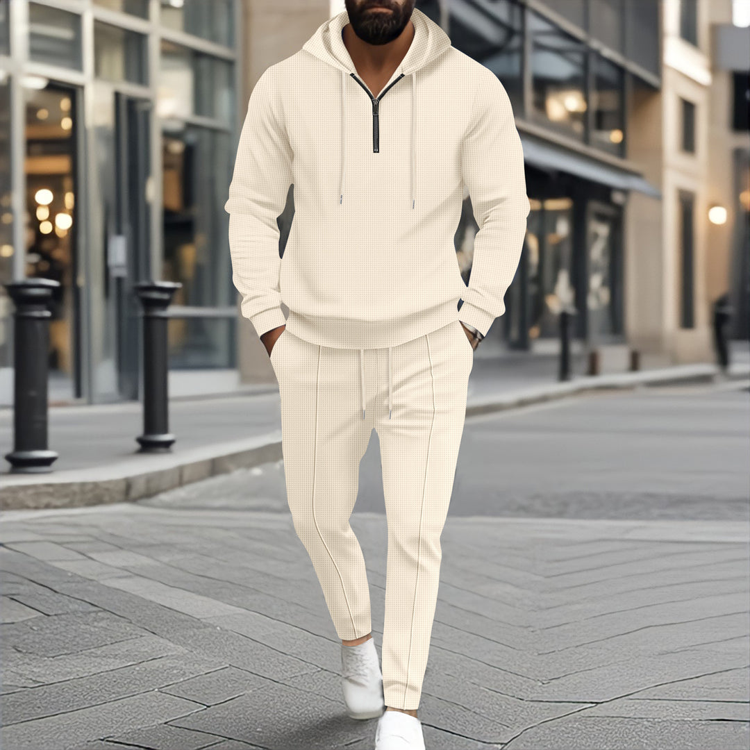 Herren nan strukturiertes Halbzip-Kapuzenloungewear-Set mit tapered Jogpants und Kordelzug Shop Nory