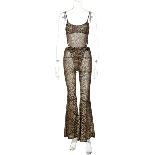 Damen Transparente Leopardenmuster Jumpsuit