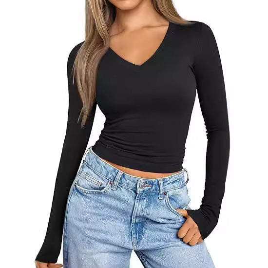Damen Figurnahes Langarm-Cropped-Shirt mit V-Ausschnitt und elastischem Taillenbund Shop Nory