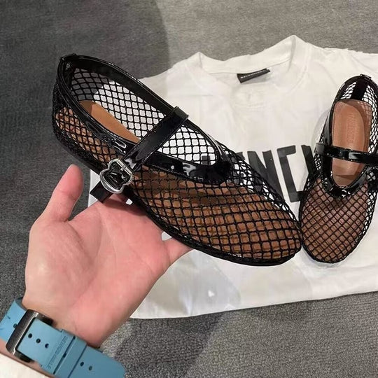 Damen Netz‑Ballerinas mit Mary‑Jane Riemen und geflochtener Sohle Shop Nory
