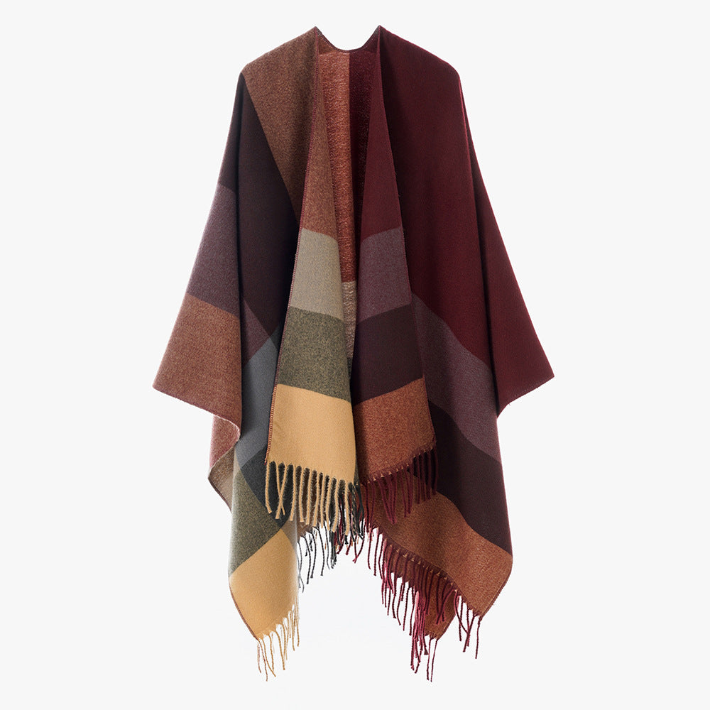 Damen Farbblock-Poncho aus Wollmix mit Fransensaum und asymmetrischem Schnitt Shop Nory