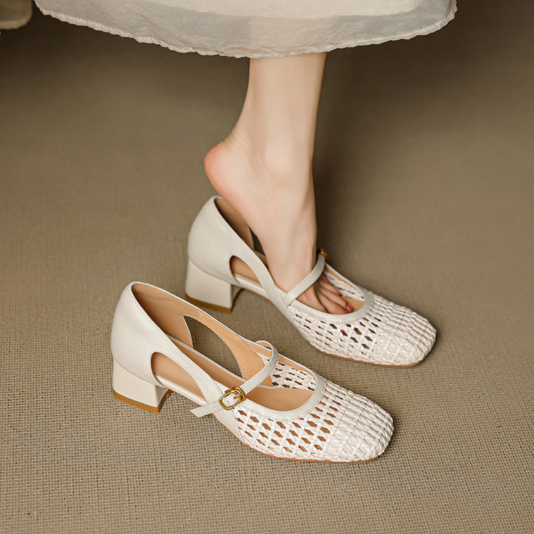 Damen elegante Mary Jane Pumps mit modischem Geflecht und bequemem Blockabsatz