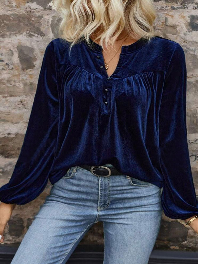 Damen Samtsweatshirt mit Henley-Knopfleiste, geraffter Brustpasse und lockerer Silhouette Shop Nory