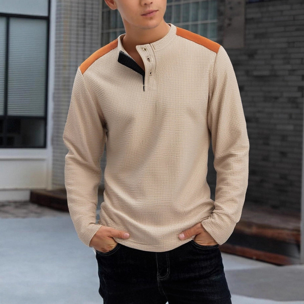 Herren strukturiertes Henley-Langarmshirt mit Stehkragen, Schulterpaspel und Waffelstruktur Shop Nory